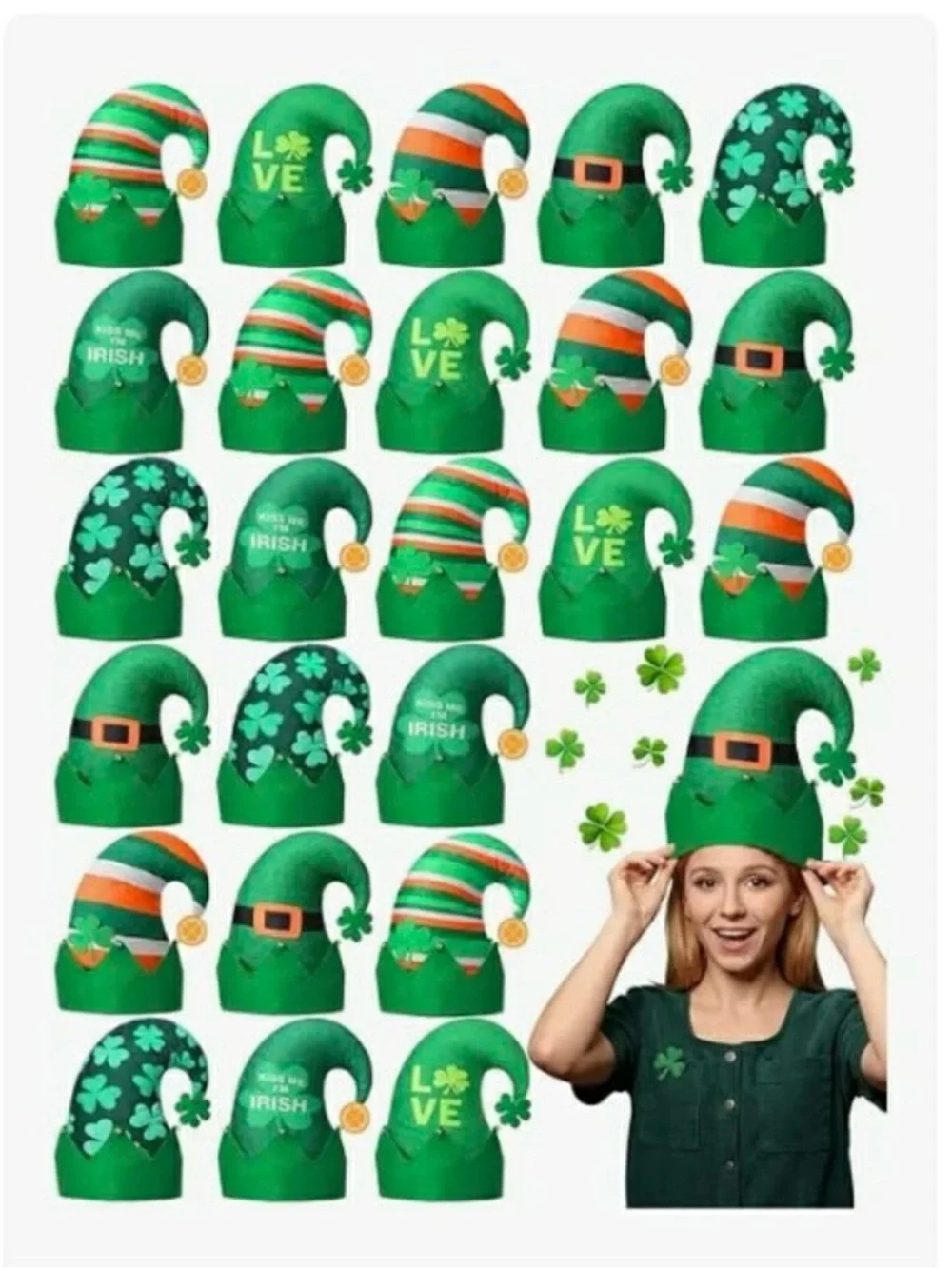 St. Patrick's Day Green 24 Felt Party Hats - Shamrock Elf Cap Pack